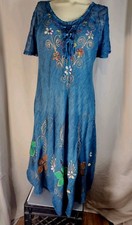 SHORELINE Blue TieDye Sharkbite Embroidered Flowers Boho Dress Cover-Up One Size