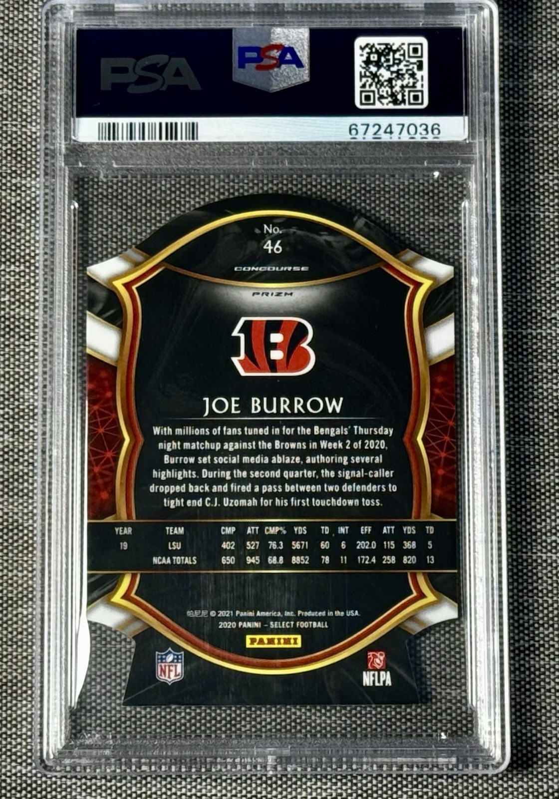 2020 Panini Select - Concourse Joe Burrow #46 Neon Green Prizm Die-Cut (RC) view 6