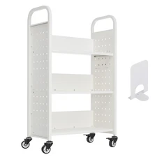 3-Tier Rolling Book Cart Single Sided L-Shaped Shelves Book Truck in White