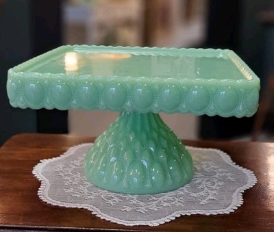 Mosser Jadeite Green Square Pedestal Cake Stand 10'' Elizabeth Quilted USA