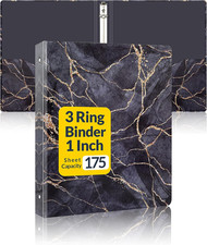 3 Ring Binder, 1 Inch, Cute Binder with 2 Pockets, Decorative Black Marble Heavy