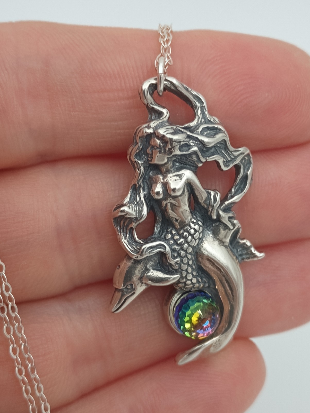 MERMAID necklace sterling silver Pendant Dolphin crystal 18