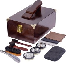 10 Pcs Deluxe Shoe Shine Box Set  Shoe Care Polish Kit W/ Foot Rest Wooden Care