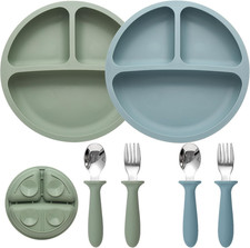 Baby Feeding Set, 2 Pack Silicone Divided Suction Plates for Baby, 2 Pack Spoons