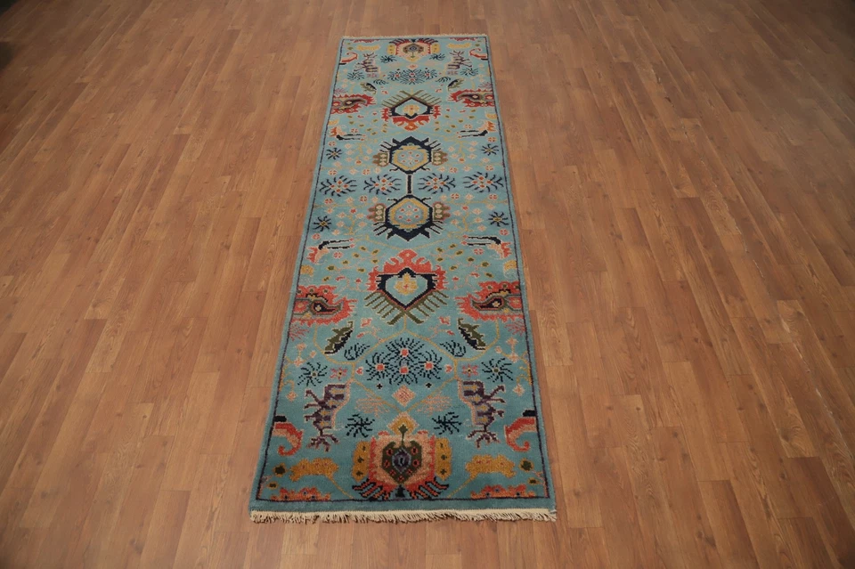 Blue Oushak Oriental Runner Rug 2x8 Geometric Hand-knotted Wool Carpet - Image 2 of 4