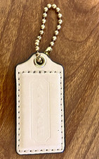 Coach Leather Logo Key Chain Keyring w/ Ball Chain, Beige, Women, One Size