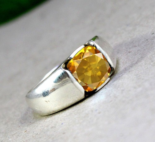 Solid 925 Sterling Silver Lab Grown Yellow Citrine Cushion Gemstone Men's Ring - Picture 5 of 12