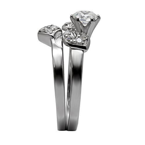 Set guardia matrimonio fidanzamento 2 anelli tondo Zirconia in acciaio inox fiore rosa - Foto 4 di 4