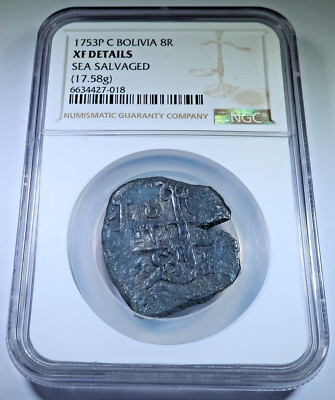 NGC XF 1753 Shipwreck Spanish Bolivia Silver 8 Reales Pirate