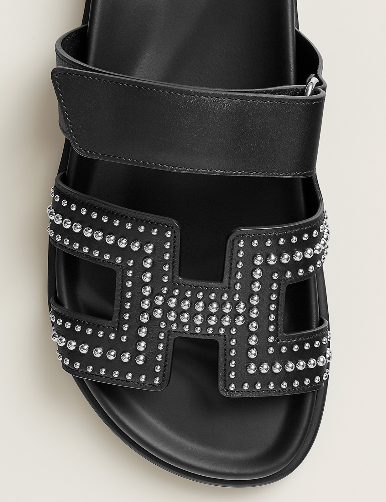Hermes Chypre Sandal Black Silver Studded Stud H Logo Slide Slip On Flat 37.5 image 6