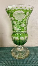 VINTAGE BOHEMIAN CZECH GREEN CUT TO CLEAR CRYSTAL GLASS FLORAL Heavy 12.2 Tall