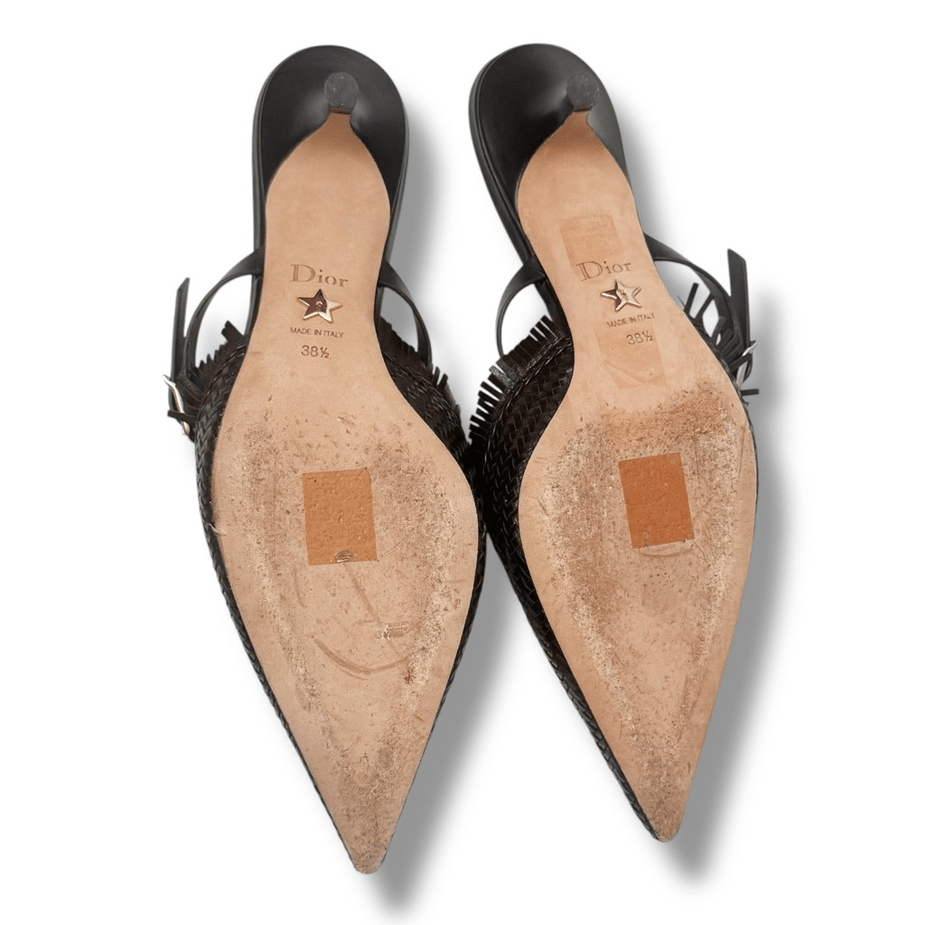 CHRISTIAN DIOR Lambskin Woven Teddy D Mule Sandals Black Kitten