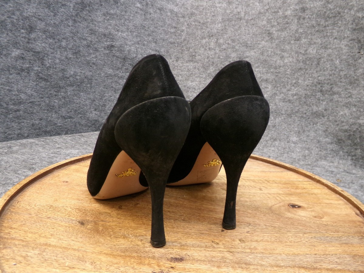 Prada Women Black Suede Leather Pumps Closed Toe Stilleto Heel