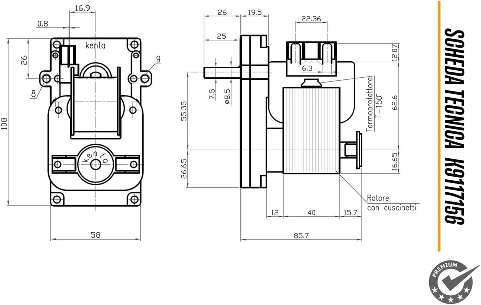 Motoriduttore Stufa a Pellet Kenta 5rpm K9117156 | Albero 8,5mm Pacco 40mm - Immagine 2 di 4
