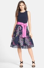 ELIZA J PRINT FAILLE MESH MIDI FIT  FLARE DRESS sz 4