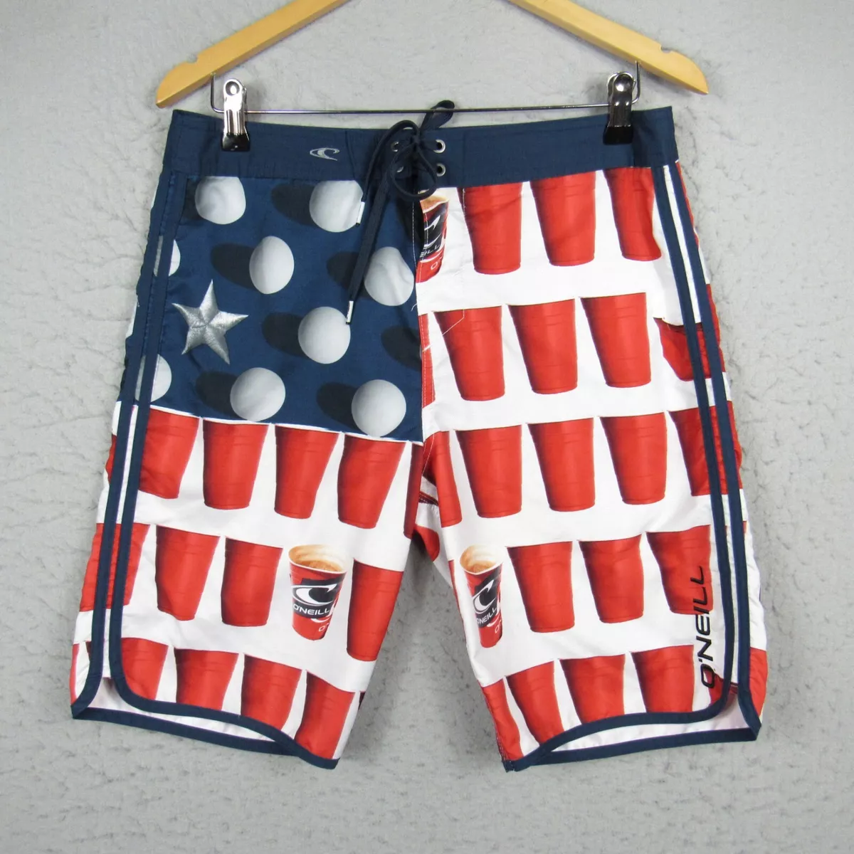 Beer pong american flag swim trunks sale