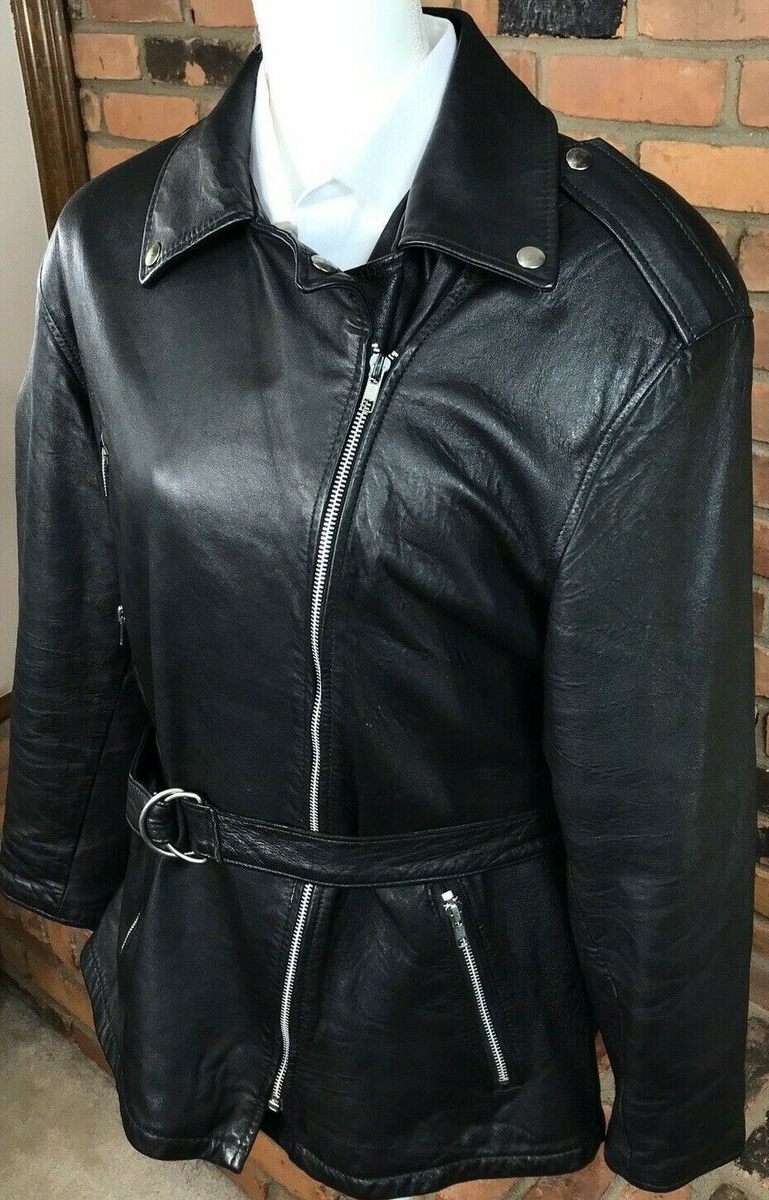 REED Soft Black Leather Motorcycle Zip Biker Jacket Belted Lined
