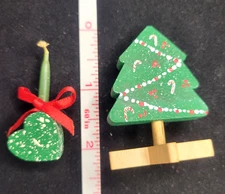 Lot of 2 Small Christmas Tree painted wooden and heart wood candle holder 2 inch