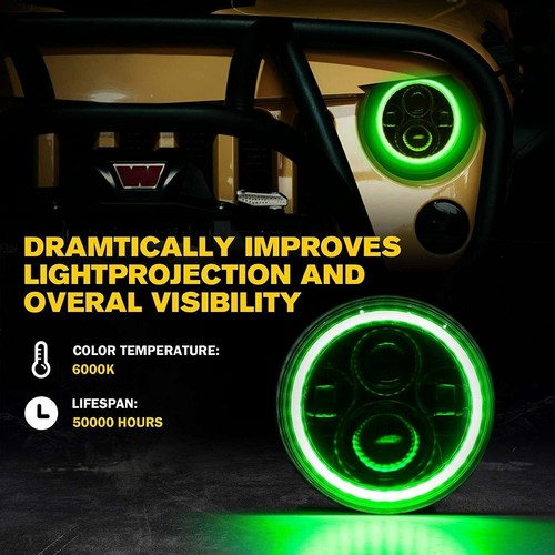 Green Halo DRL 7" LED Headlights + 4" Fog Combo Kit For Jeep Wrangler JK JKU - Picture 11 of 12