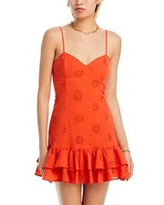 AQUA Eyelet Mini Dress Women's XXL Orange Solid Sweetheart Neck Side Zip Closure