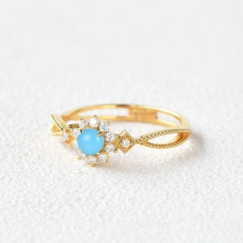 Natürlich Türkis Edelstein 14K Gelb Versilbert Versprechen Damen Ring G418 - Bild 2 von 4