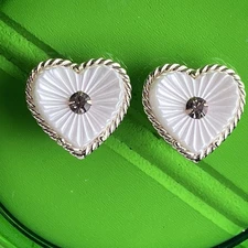Vtg 1950s Emmons Gold Tone Mother Of Pearl Heart & Gemstone Clip Earrings - 1”