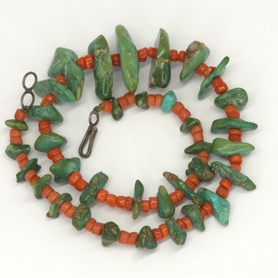 RARE Natural Green Turquoise & Coral Heshi Necklace 16.5'' Sterling Silver Native
