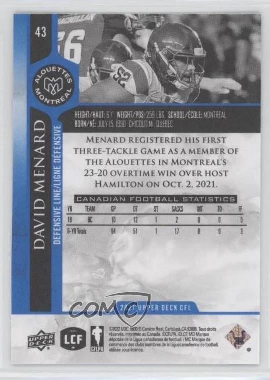 2021 Upper Deck CFL Blue David Menard #43 - Image 2 of 2