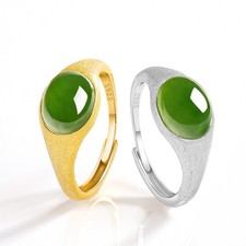 Certified Natural Hotan Jade Jasper Spinach Green Egg Face Jade Ring S925 Silver