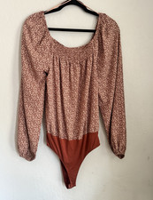 Heyson Women s Floral Bodysuit One Piece Scoop Neck Long Sleeve S Brown/White