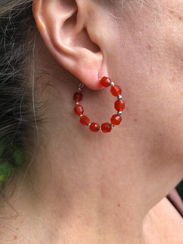 Carnelian Beaded Hoop Earrings. Sterling Silver. Orange Gemstone Hoops. Boho - Picture 6 of 18