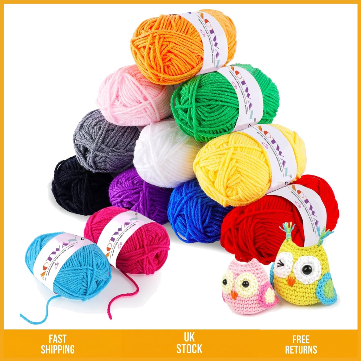 Soft Acrylic Knitting Yarn for Beginners Vibrant Crochet Wool 12 Pack x 25g