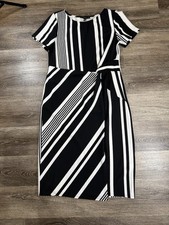 Tiana B Dress Sz10 Black White Striped Wrap Minimalist Officecore Mobwife