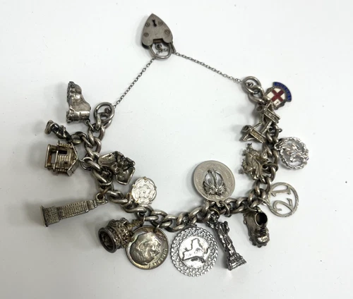 Vintage 1925 Birmingham Silver Travel Disney Charm bracelet 73g - 18 charms HAI