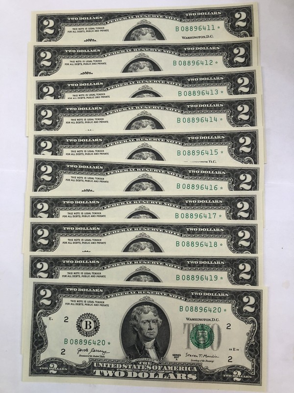(10) CONSECUTIVE UNCIRCULATED 2017 Brand New $2 Dollar Replacement Star Notes