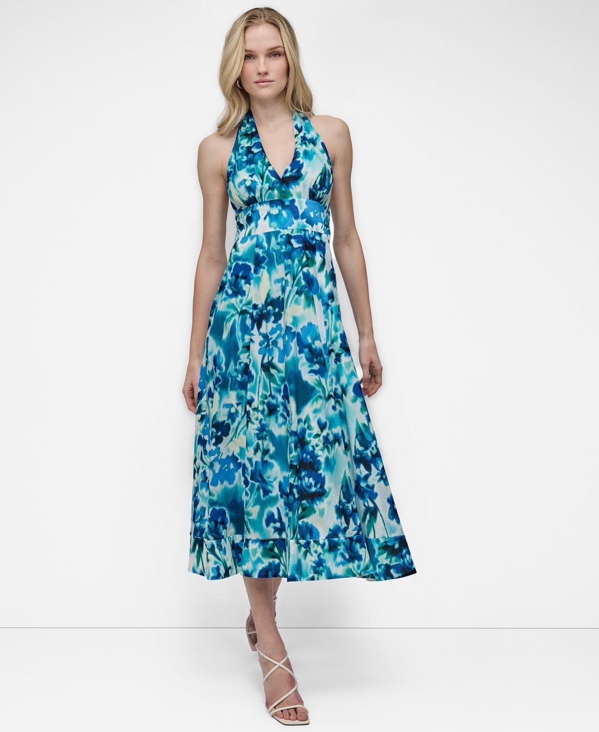 DKNY Women Cotton Halter V-Neck Tie-Back Midi Dress Blue Size 14 Sleeveless $149