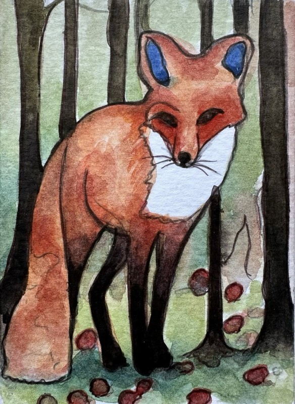 Original ACEO Fox Painting Miniature Art Card Ooak By Artist Dulshan C5