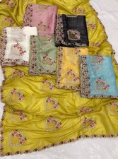 Women Gold Crush Silk Saree Floral Embroidery Swarovski Work Ethnic Wear Sari