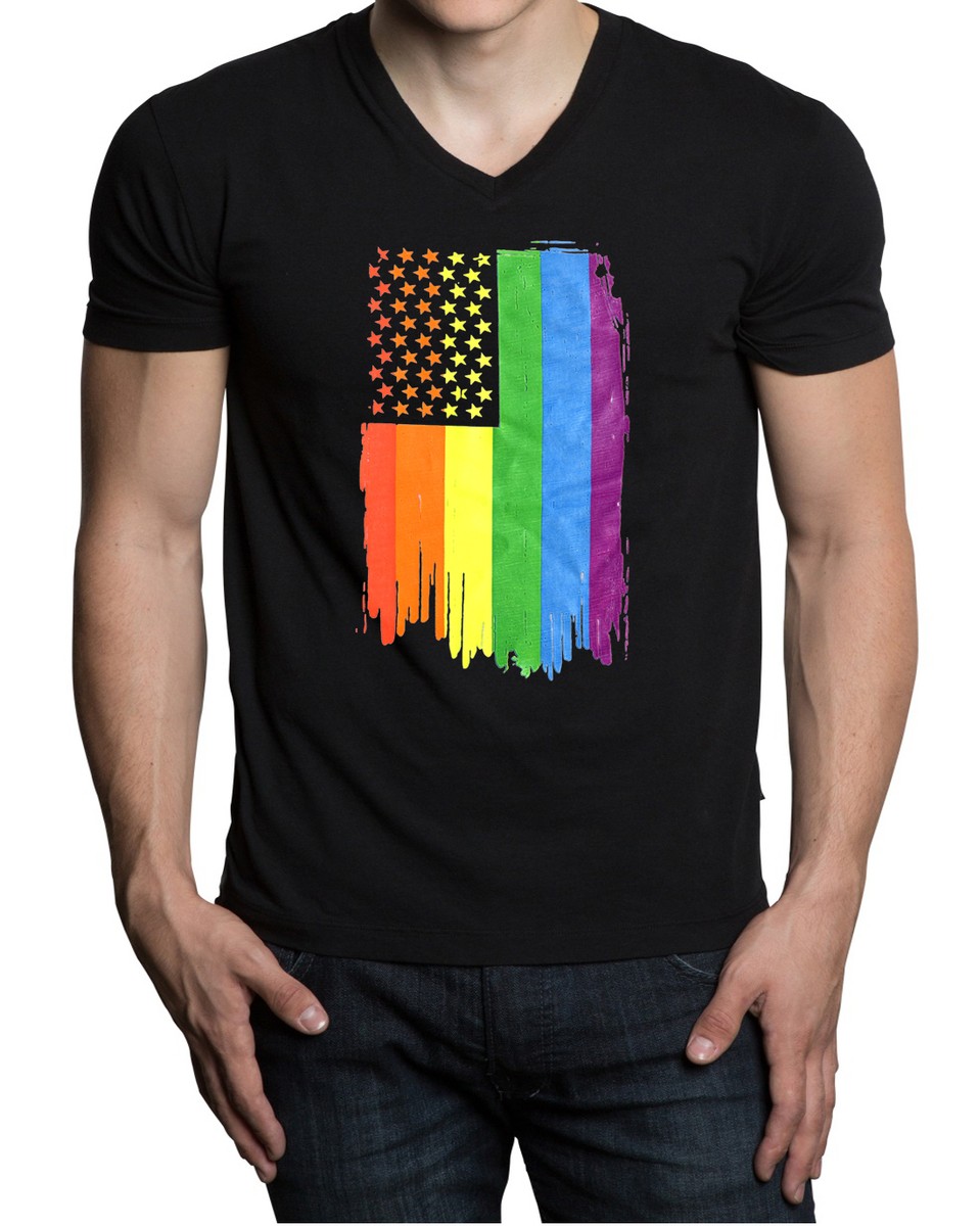 Men's American Rainbow Flag V-Neck Black T Shirt Gay Pride Lesbian