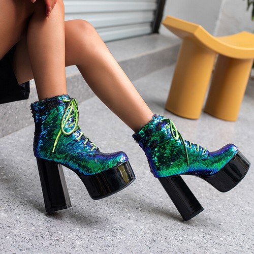 Womens Ankle Boots Supper Heels Sequins Round Toe Lace Up Catwalk Platform Warm - Picture 5 of 14