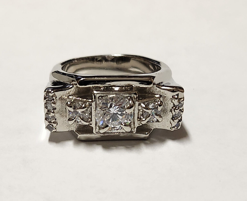 Men's Rhodium Plated 11 Hand Set Clear Round CZ's Modern Ring Size 10 New - Picture 5 of 9