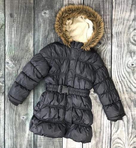 Old Navy XS 5 Winter Coat Jacket Puffer Gray Faux Fur Hood Longer Length Lined