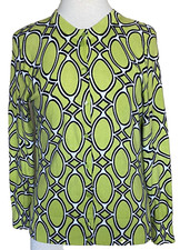 Crown Ivy Cardigan Sweater Button Front 3/4 Sleeves Bright Green Geometric Sz L