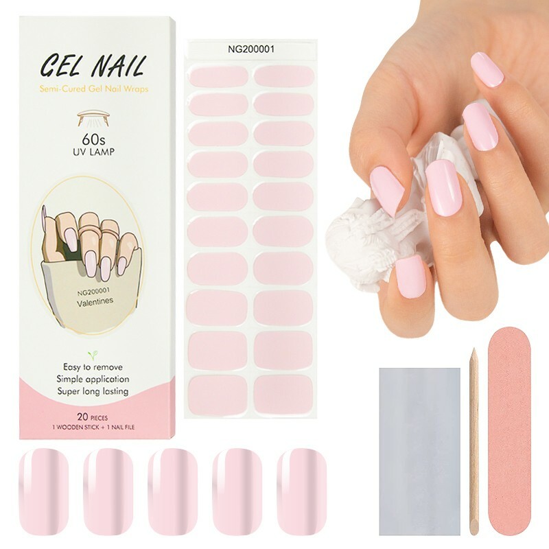 Semi Cured Gel Nail Stickers 20 PCS/ Pink Nail Gel Polish Strips /UV