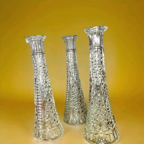 3 Vintage Anchor Hocking Clear Glass Stars and Bars Long Stem Bud Vase 9"