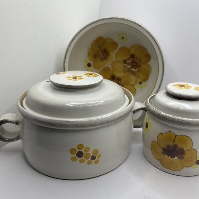 Vtg 1970s 60s Denby England Retro Floral Stoneware Lid Casserole Dish Bowl SET 3