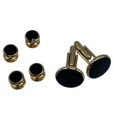 Mens Gold tone Black Round Cuff links Stud Set