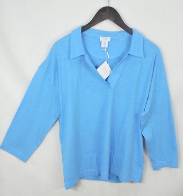 Sigrid Olsen Women's Shirt XL Blue Collared  3/4 Sleeve Blouse Top NWT