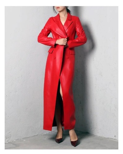 Extra Long Red Soft Faux Leather Trench Coat for Women Double Breasted Luxury - Picture 12 of 13