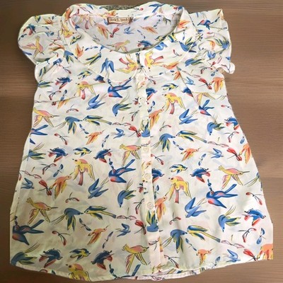 Beach Bash by Art & Tatyana Flying Birds Ivory Blouse Retro Blue & Yellow Sz 2XL